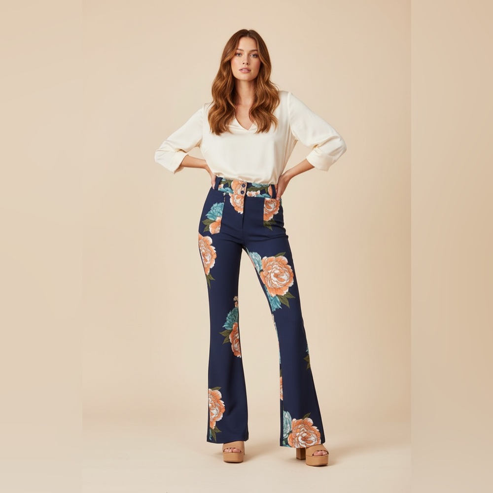 LuLaRoe Emery Wide Leg Pants • Blue Orange Large Floral • Rayon Ponte